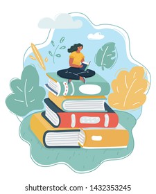 Cartoon vector illustration of woman reading on stack of books.