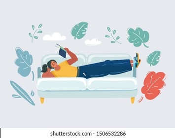 Cartoon vector illustration of Woman reading book on sofa. Education concept.