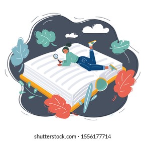 Cartoon vector illustration of woman reading big book lay on it. Human character on dark. Student, books reader, researcher. Studying concept.