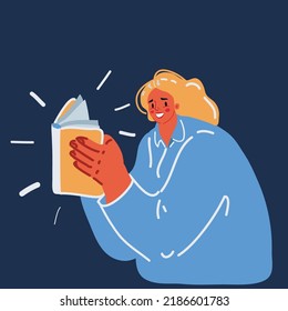 Cartoon vector illustration of woman reading a book over dark backround