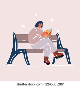 Cartoon vector illustration of woman reading a book sitting on banch