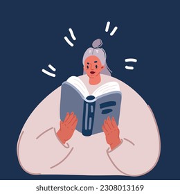 Cartoon vector illustration of Woman reading books. Distance studying, earning and self education concept over dark background