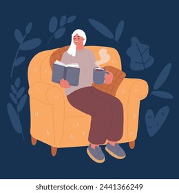 Cartoon vector illustration of Woman reading book. Lady relaxing at home in chair. Girl with hot drink on sofa. Female reading book Recreation over dark background