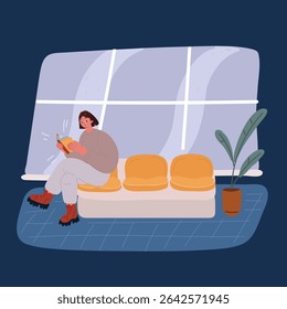Cartoon vector illustration of Woman reading a book waiting couch in a living room