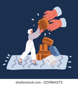 Cartoon vector illustration of woman reciving an order. Ecommerce is the new business, happy to do shopping from home. Reciving or sending goods with delivery company over dark background