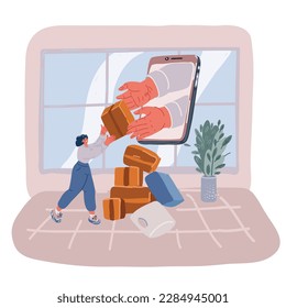 Cartoon vector illustration of woman reciving an order online, ecommerce is the new business, happy to do shopping from home. Reciving or sending goods with delivery company.