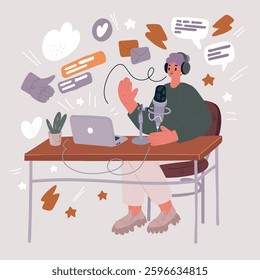 Cartoon vector illustration of woman Woman recording a podcast on her laptop computer with headphones and a microscope. Female podcaster making audio podcast from her home studio.