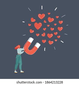 Cartoon vector illustration of woman relationship concept: horseshoe magnet with red hearts isolated on dark background.
