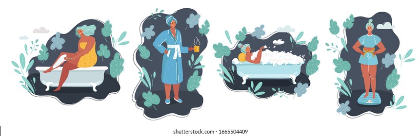 Cartoon vector illustration of Woman relaxing at home. Night time after hard day. Care situation. Female Character Spend Time in bathtub, shaving her legs, relaxing, measures her weight on scale.