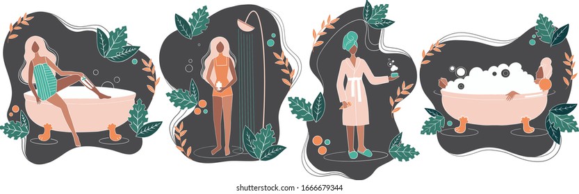 Cartoon Vector Illustration. Woman Relaxing At Home. Care Situation. Self Care. Female Character Spend Time In The Bathtub, Shower, Shaving Her Leg And Relaxing.