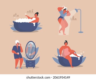 Cartoon vector illustration. Woman relaxing at home. Care situation. Self care. Female character spend time in the bathtub, shower, shaving her leg and relaxing.