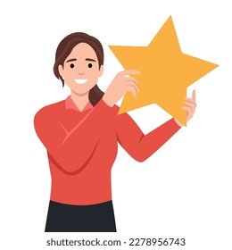 Cartoon vector illustration of woman with reward. Female character hold big star