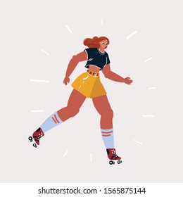 Cartoon vector illustration of woman ride on roller skates