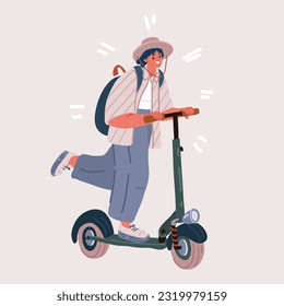 Cartoon vector illustration of woman ride on electric scoote, kick bike ride, fast city lifestyle, generation, motion concept.