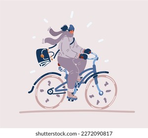 Cartoon vector illustration of woman riding bike Autumn outdoor activities.