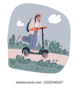 Cartoon vector illustration of Woman riding kick scooter, girl with fast modern electric bicycle. Enjoying futuristic bike ride, electric scooter. Eco alternative city personal transport.