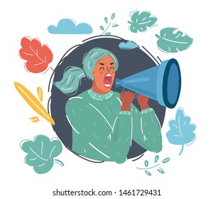 Cartoon vector illustration of Woman rights, equal pay, feminism, gender gap and inequality in business concept. Female character with megaphone on dark.