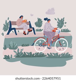 Cartoon vector illustration of woman riging the bike in the park. Anothe person read the book on bench