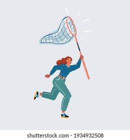 Cartoon vector illustration of woman run with an empty fishing net isolated on white background