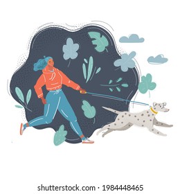 Cartoon vector illustration of woman run wih dog on dark background.