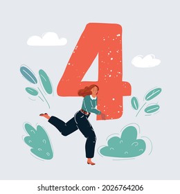 Cartoon vector illustration of woman run and holding number four in her hands.