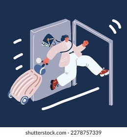 Cartoon vector illustration of woman run to open door with big bag. Journey or relocation concept over dark background