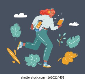 Cartoon vector illustration of Illustration of a woman running with stack of book on dark background.