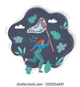 Cartoon vector illustration of woman running and catching butterflies with net isolated on dark background