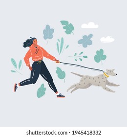 Cartoon vector illustration of Woman running with dog on the dune