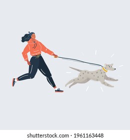 Cartoon vector illustration of Woman running with dog on white background.