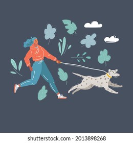 Cartoon vector illustration of Woman running with dog on dark background.