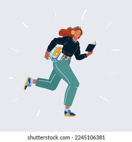 Dibujo vectorial de caricatura de la Ilustración de una mujer corriendo con pila de libros y lectura