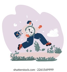 Cartoon vector illustration of woman running with the big clock in her hands. Concept lack of time. Very busy run.