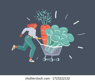 Cartoon vector illustration of woman runs with a grocery cart full of vegetables on dark background.