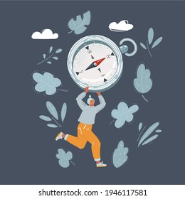 Cartoon vector illustration of Woman runs in the right direction with big compass in her hand