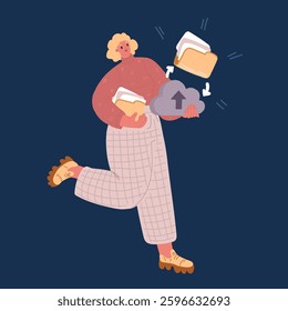 Cartoon vector illustration of Woman search a document or file in catalog folder. Metaphoric business. Concept of information or data organization in computer with software over dark backround