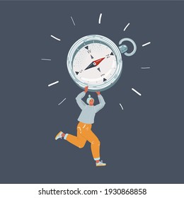 Cartoon vector illustration of woman searching direction with a compass on dark background.