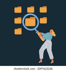 Cartoon vector illustration of woman searching file with magnifying glass. File manager, data storage. Files search.