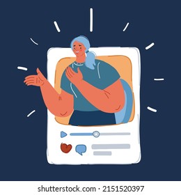 Cartoon vector illustration of woman share video posts in social networks. Blogger talk says something over dark backround.