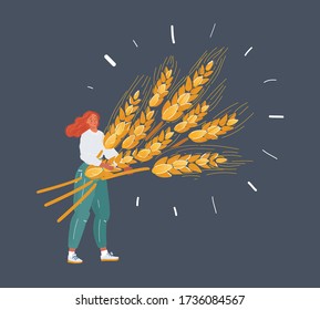 Cartoon vector illustration of woman with a sheaf of wheat in her hands on dark