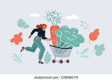 Cartoon vector illustration of woman shopping, pushing a shopping cart isolated on white background