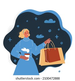 Cartoon vector illustration of woman with a lot of shopping bags and coffe in her hands