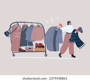 Cartoon vector illustration of Woman shopping warm clothes. Coat, hat, scarf