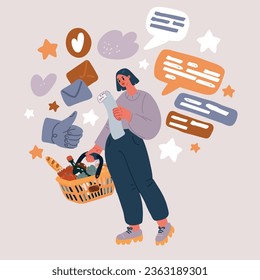 Cartoon vector illustration of woman with Shopping cart, shopping basket, shopping bag