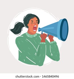 Cartoon Vector Illustration Of Cartoon Woman Shout Out With Megaphone On White Background.