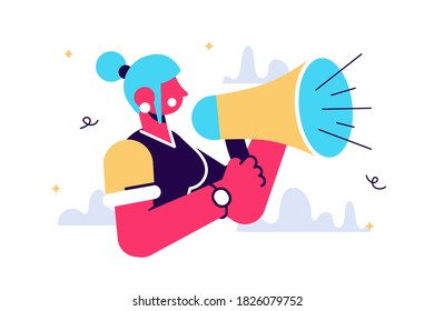 Cartoon vector illustration of cartoon woman shout out with megaphone on white background.