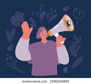 Cartoon vector illustration of woman shouting on the megaphone over dark backround