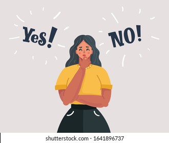 Cartoon vector illustration of woman showing doubts. Female character can not make decision. Yes and now right and left side