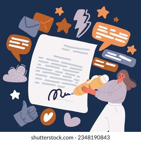 Cartoon vector illustration of woman sign prenuptial agreement. Legal contract certified signature. Agreement marriage, wife over dark background