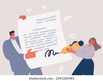 Cartoon vector illustration of woman signing contract